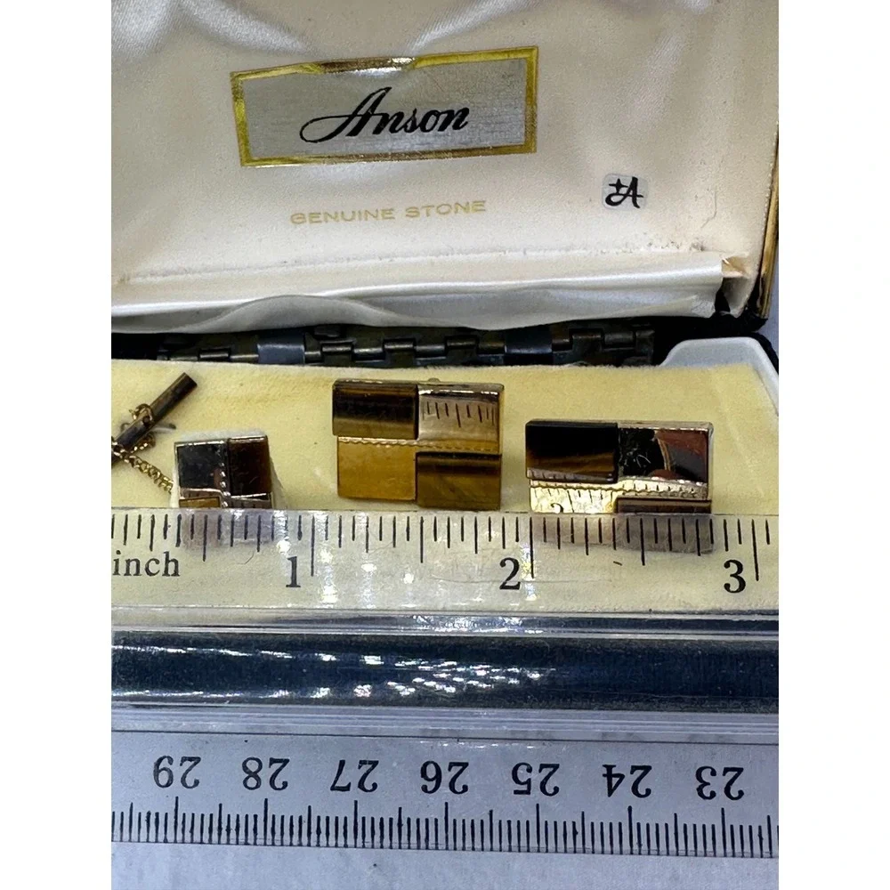 Anson Cufflinks Tie Tack Set Tigers Eye Gold Tone Brown Rectangle Boxed VTG